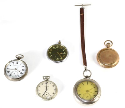 Lot 83 - Two silver open faced pocket watches; military Jaeger LeCoultre pocket watch; and two other...