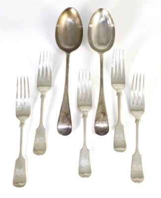 Lot 91 - A set of five silver fiddle pattern dessert forks, Deakin & Sons, Sheffield 1903; and a pair of Old