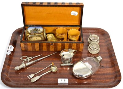 Lot 118 - A plated and glass hip flask; a silver mustard; silver items; gilt metal and glass ring box;...