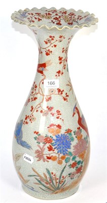 Lot 166 - A Japanese crackle glaze vase, decorated overglaze with birds and foliage in landscape,...