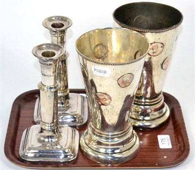 Lot 175 - A pair of 19th century silver plated large gambling beakers with dice set bases and a pair of...