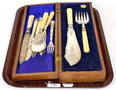 Lot 182 - A pair of silver fish servers with ivory handles in a fitted case together with an assortment...