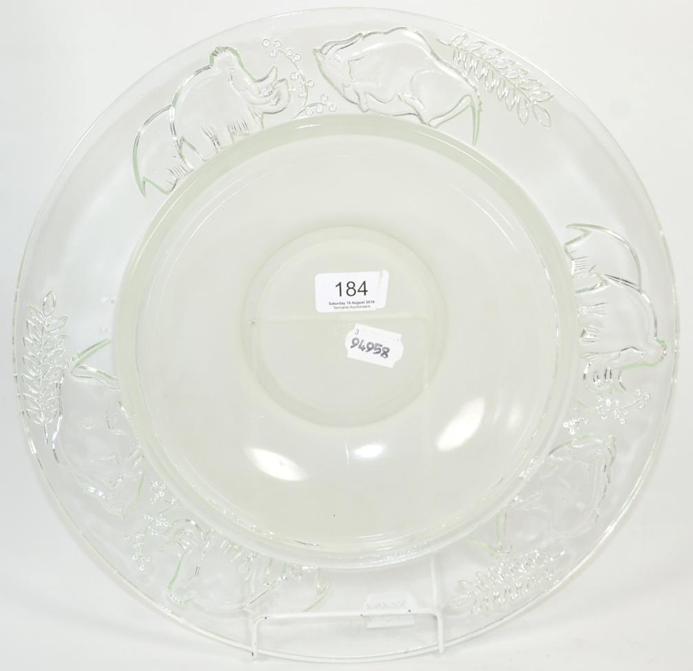 Lot 184 - A French Verlys Art Deco clear glass charger, prehistoric pattern, marked
