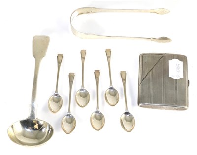 Lot 219 - A Continental white metal cigarette case; Georgian silver tongs; a set of six silver coffee spoons