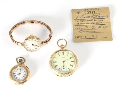 Lot 226 - An A.W.W & Co open faced pocket watch, a fob watch and a gold cased wristwatch (3)