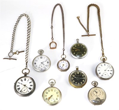 Lot 227 - Three military pocket watches, two silver pocket watches, a silver eight day pocket watch and a...