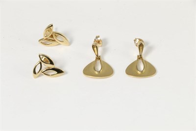 Lot 268 - A pair of 9 carat gold drop earrings, and a pair of 9 carat gold leaf motif stud earrings, with...