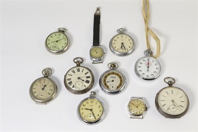 Lot 278 - Two silver open faced pocket watches, a nickel cased stopwatch, five other pocket watches and...