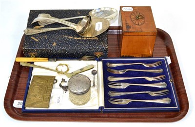 Lot 297 - A cased set of six silver cake forks; silver fruit knife; plated ware; and a tea caddy