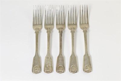 Lot 306 - A set of five Victorian silver fiddle thread and shell pattern dessert forks, Chawner & Co,...