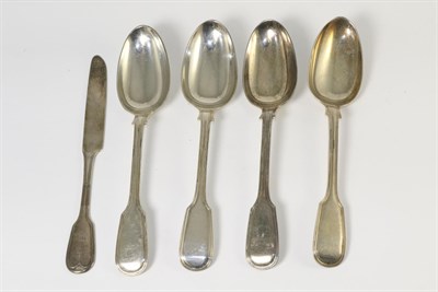 Lot 309 - A set of four William IV silver fiddle and thread pattern table spoons,  William Eaton, London...