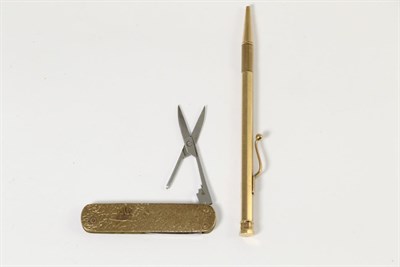 Lot 313 - A 9 carat gold Baker's propelling pencil; together with a 9 carat gold pocket knife, missing...