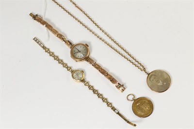 Lot 317 - Two lady's 9 carat gold wristwatches, 9 carat gold framed pendant on a yellow metal chain, and...