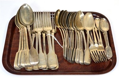 Lot 352 - A composite part service of George III/Victorian silver fiddle pattern flatware, predominantly...