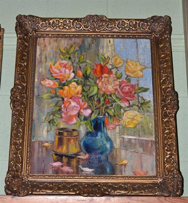 Lot 1004 - Donald Greig (1916-2009) Still life of roses in blue vase, signed, oil on board   Artist's...