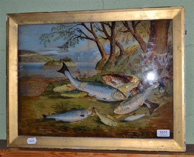 Lot 1011 - 19th century reverse painting on glass, 'Fish'