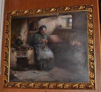 Lot 1020 - Henry Dobson RSA (19th century), Scottish, Cottage interior with knitting grandmother, signed,...