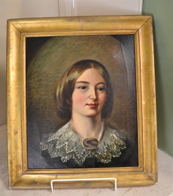 Lot 1028 - English school (19th century) portrait of a young lady, head and shoulders, wearing a black...