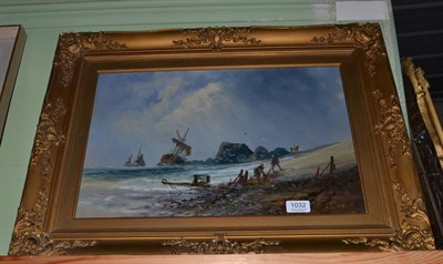 Lot 1032 - J. Coe (British, 19th century) Beach scene with wreckers and foundering ship, signed and dated...