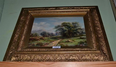 Lot 1034 - P Cooper (circa 1900) English, Floral meadow with tree lined path beyond, signed, oil on panel