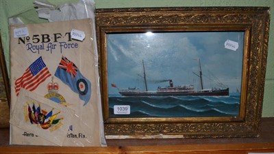 Lot 1039 - Oil on board of a ship PALAMCOTTA; together with no.5 B.F.T.S Royal Air Force book and a postcard