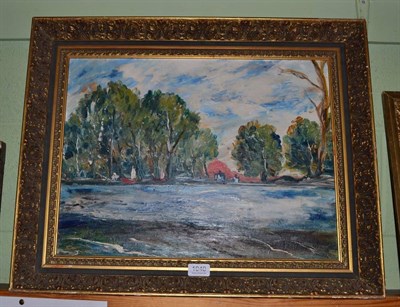 Lot 1040 - P.S. Eynon (20th century) Boats on a lake in a wooded landscape, bears signature, oil on board,...