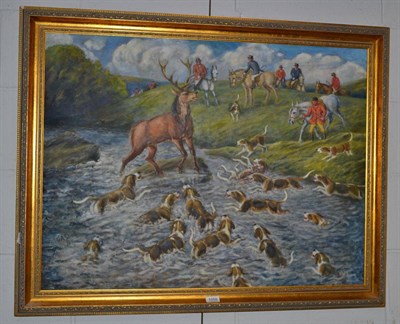 Lot 1059 - George Anderson Short (1856-1945), Stag held at bay by pack of hounds, signed and dated (19)45, oil