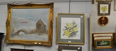 Lot 1063 - A group of 20th century oils and watercolours together with prints and needleworks, all framed (8)