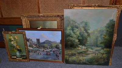 Lot 1065 - Edith Wright (EX RA 1906-1910) Figure before cottages, signed, oil on canvas, together with a...