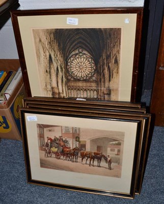 Lot 1066 - A set of coaching prints: a print of bank of England, a pair of prints of cathedral interiors and a