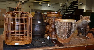 Lot 1102 - A coopered jug and lidded bucket; together with a Chinese birdcage; an African drum, carved...