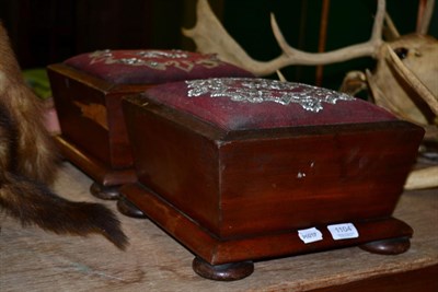 Lot 1104 - A pair of mahogany square footstools with beadwork tops