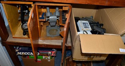 Lot 1118 - A Watson microscope; a Priur stereo microscope and accessories; a barograph; magic lantern...