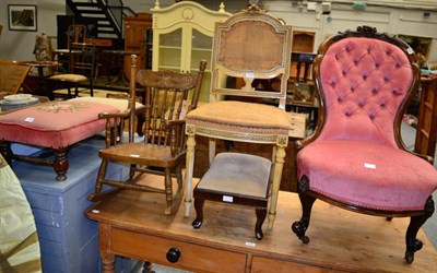 Lot 1152 - A French painted armchair; a Victorian pink upholstered ladies nursing chair; a child's rocking...