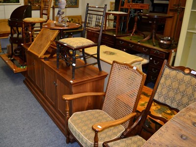 Lot 1159 - A mahogany clothes rack; two small chairs; a cane back armchair; a Georgian mahogany washstand;...