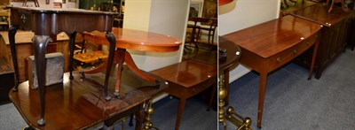 Lot 1169 - A bow fronted side table; a yew wood coffee table; a drop leaf dining table on pad feet; a mahogany