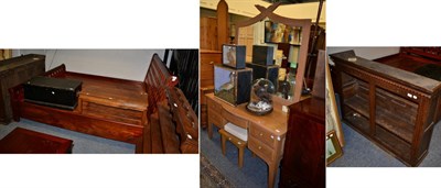 Lot 1185 - A 19th century boldly inlaid oak bookcase; a Chinese style sleigh bed; a large lined oak...