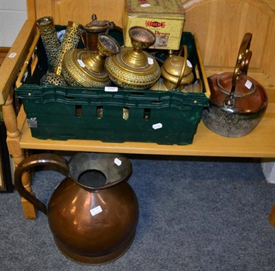 Lot 1187 - Assorted copper and brasswares including a large jug; a pair of reticulated lamps; a miner's...