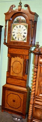 Lot 1316 - An oak and mahogany eight day longcase clock, painted arched dial, signed Dickenson, Skipton