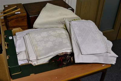 Lot 1351 - Assorted white cotton undergarments, printed paisley shawl, damask and other cloths,...