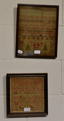 Lot 1353 - Framed 19th century alphabet sampler worked by Margaret Cannon, age 11, with decorative birds,...