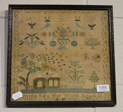 Lot 1355 - Framed sampler worked by Emma Lea, aged 11, dated 1829, in cross-stitch depicting a cottage...