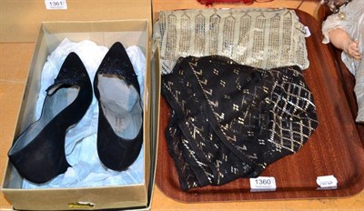 Lot 1360 - A black assuit shawl; another in cream and a pair of Marshall & Snelgrove evening shoes