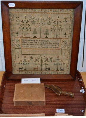 Lot 1368 - Sampler Mary Cosford's work 1807; a knitting sheath; and a book on needlework