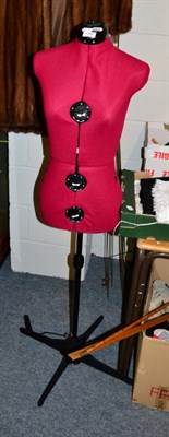 Lot 1382 - Modern adjustable mannequin, two J Rabone & Sons wooden tailors measuring sticks, assorted...