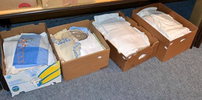 Lot 1393 - Assorted white linen, embroidered table and bed linen, other textiles etc (four boxes)