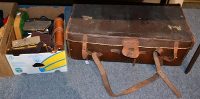 Lot 1396 - Brown leather trimmed travel suitcase, and a crewel work panel/curtain embroidered with Isnik style