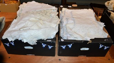 Lot 1398 - Assorted white linen with drawn thread work and crochet trims, in two boxes