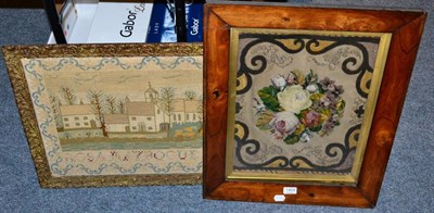 Lot 1404 - Framed wool work sampler by Rosa Haybogue dated 1892, with central scenes of a village with a...