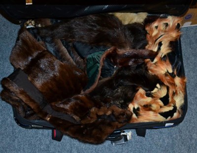 Lot 1416 - Assorted fur coats, gloves, fox fur and other stoles etc (suitcase)